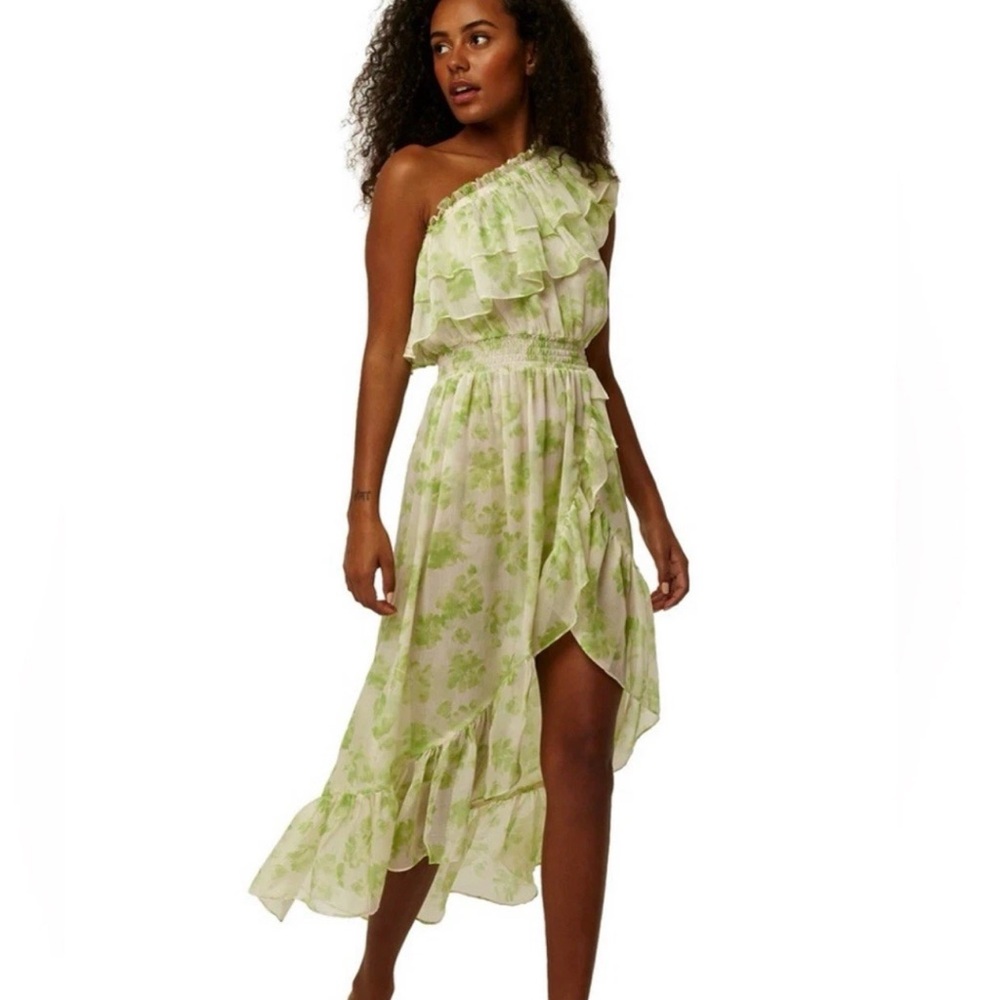 MISA Los Angeles Midi Rumi Blossom Chiffon One Shoulder Dress SMALL NWT